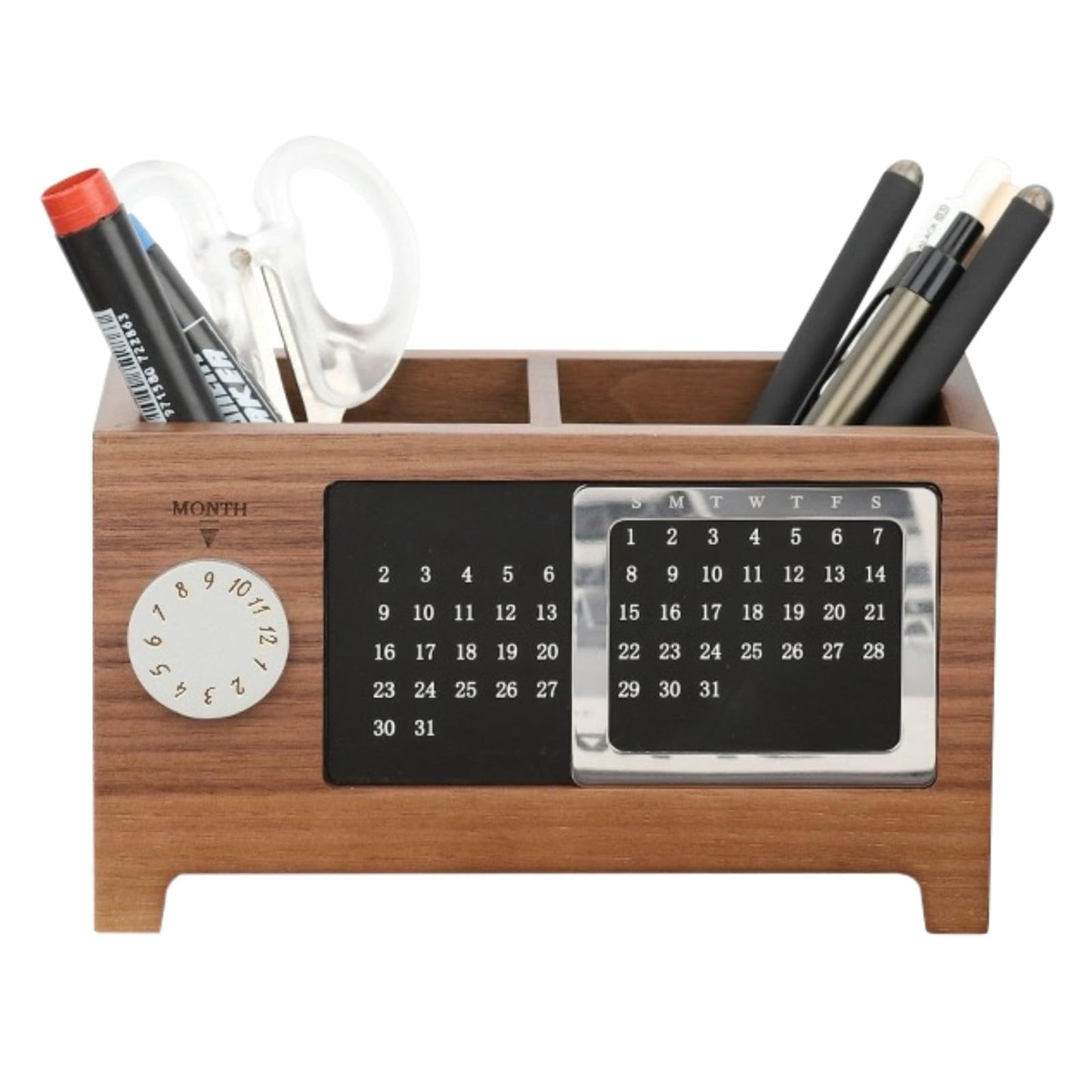 HELAIMAY Wooden Calendar Pencil Pen Holder, Desk Organizer with 2 Slots, Multifunctional Stationery Holder for School Home Office Supplies, Walnut Color, 1 Piece