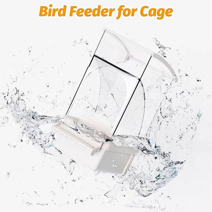 BNOSDM No Mess Bird Feeder Transparent Automatic Bird Cage Feeder with Perch Acrylic Parrot Food Container Parakeet Cage Accessories for Parakeets, Budgies, Cockatiel, Finch, Canary, Lovebird (White)