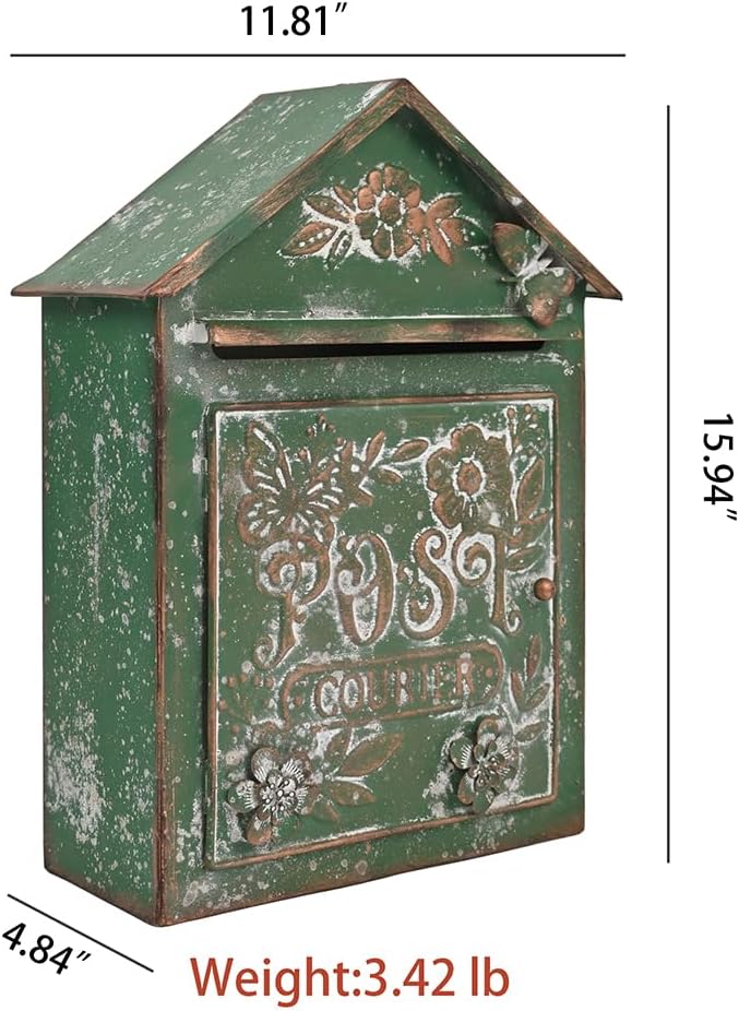 Vintage Green Wall Mount Mailbox for Outside, Metal Post Box Decorative Antique Style Mail Drop Box for House Decor(Dark Green)