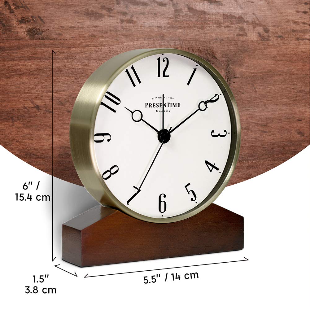 Presentime & Co Mozart Mantel Alarm Clock, Desk and Shelf Clock, Tabletop Decoration, 6 x 5.5 inch, Silent no Ticking, Wooden Base, Walnut Finish, Golden Color, Arabic Numeral