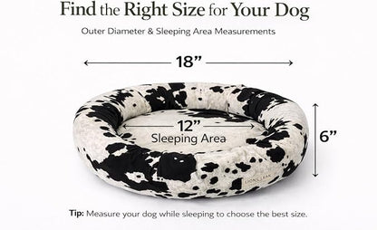 Round Dog Bed – Natural Canvas, Removable Washable Cover, Raw Cotton or Latex Fill, Hypoallergenic Non-Toxic, Made in USA (Cow Print Black White, X-Small, Soft Comfort – Organic Latex)
