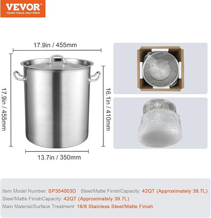 VEVOR 18/8 Stainless Steel Stockpot, 42QT Large Cooking Pots, Multipurpose Cookware Sauce Pot with Composite Base, Heavy Duty Commercial Grade Stock Pot, Sanding Treatment, for Large Groups Events