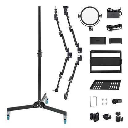 GVM 5-in-1 Movable Live Streaming Floor Stand Kit with Wheels, Overhead Camera Mount with 10" LED Key Light/Mic Boom Arm/Tablet Laptop Phone Stand/Tray for Live Broadcast Podcast Video Recording Game