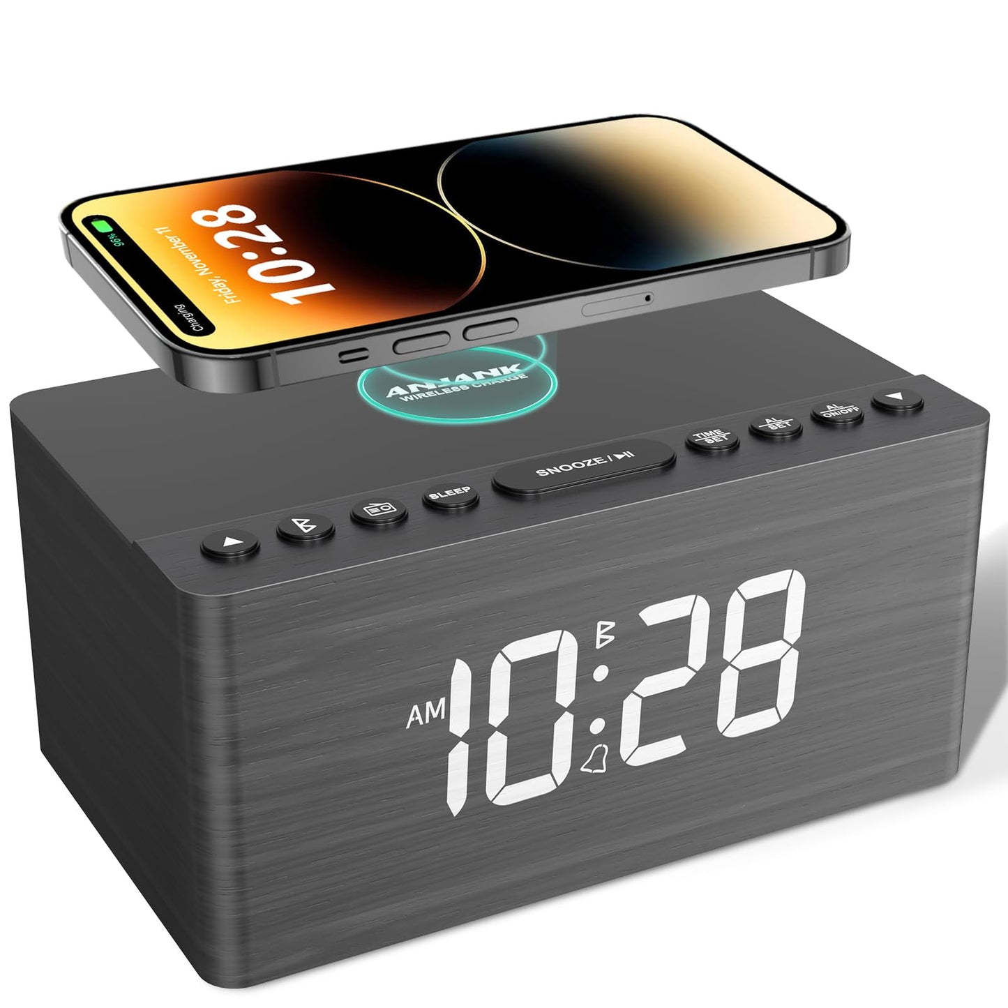 ANJANK Wooden Bluetooth Speaker Alarm Clock with Fm Radio, Wireless Charging Station for iPhone/Samsung, USB Charger Port, Dimmable Display, Sleep Timer, Digital Wood Bedroom, Bedside Grey+bluetooth