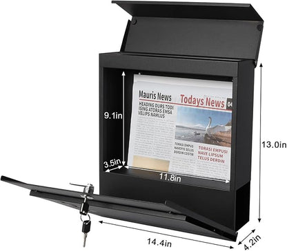 Decaller Large Capacity Mailbox with Key Lock, Wall Mount Metal Mail Box with Newspaper Compartment for Outside, 14.4" x 13" x 4.2", 939 Black