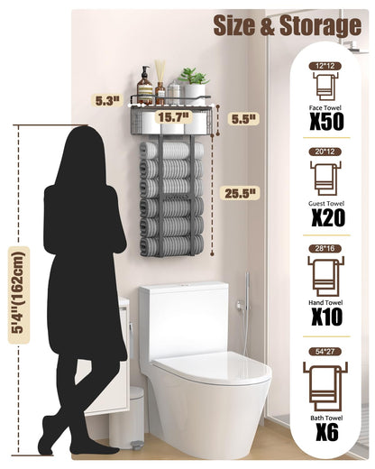 Large Towel Rack & Bathroom Towel Holder - Wall Mounted Metal Rack with Wooden Floating Shelf, Small Bathroom Towel Storage, Easy Holds 6 Large Rolled Towels, Black with Brown Plank