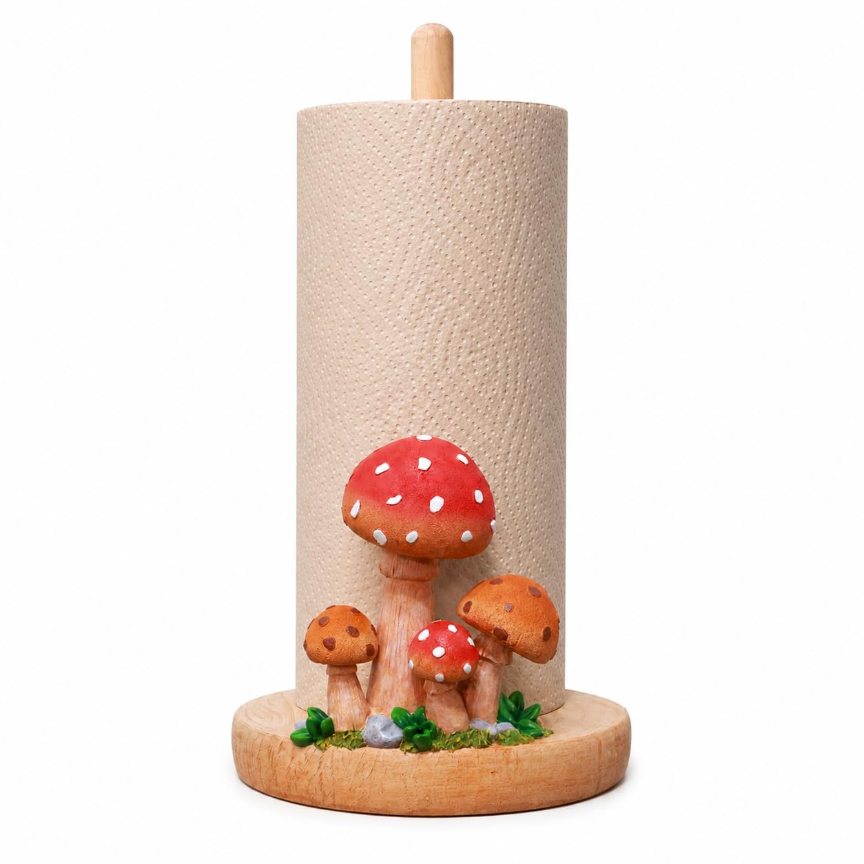Mushroom Paper Towel Holder, Hand-Carved Resin & Wood Tissue Holder with Large Non-Slip Base, Decorative Kitchen Countertop Paper Towel Stand for Bathroom, Living Room, Farmhouse Decor