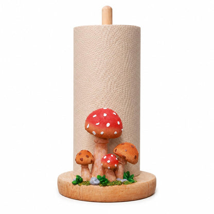 Mushroom Paper Towel Holder, Hand-Carved Resin & Wood Tissue Holder with Large Non-Slip Base, Decorative Kitchen Countertop Paper Towel Stand for Bathroom, Living Room, Farmhouse Decor