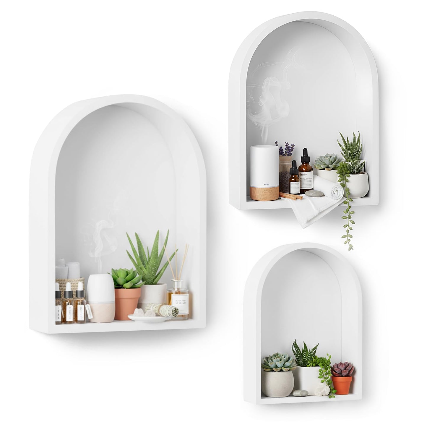 Threehoney 3 Set Wall Shelf 9.8 x 7.1 Inch Wooden Hanging Shelf Deep Display Storage Shelves Floating Shelves for Home Office Room Mini Figures Potted Plants Wall Decor(Arched,White)