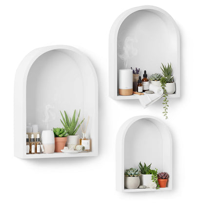 Threehoney 3 Set Wall Shelf 9.8 x 7.1 Inch Wooden Hanging Shelf Deep Display Storage Shelves Floating Shelves for Home Office Room Mini Figures Potted Plants Wall Decor(Arched,White)