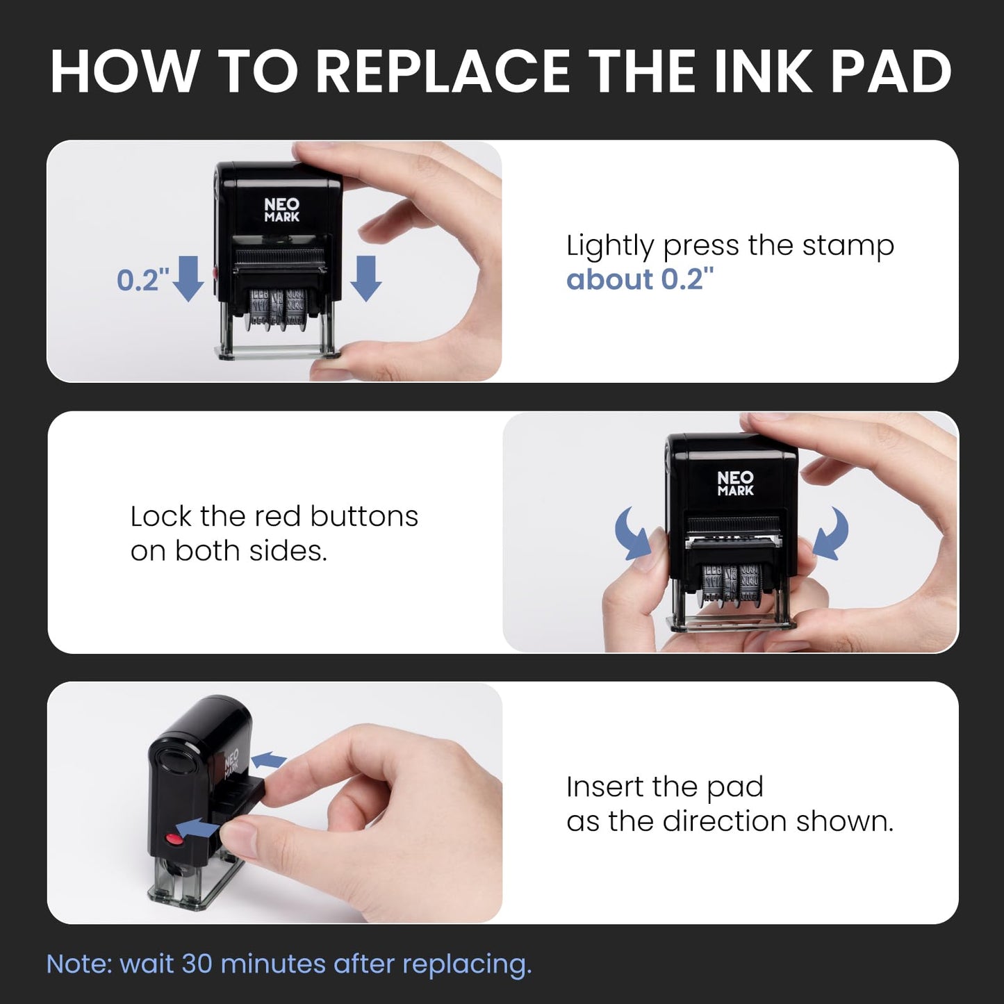NEO MARK Large Self-Inking Date Office Stamp with Received Blue Ink & Date Red Ink, 12-Year Adjustable Rubber Dater, Ideal for Documents, Business & Accounting - with an Extra Refill Ink Pad