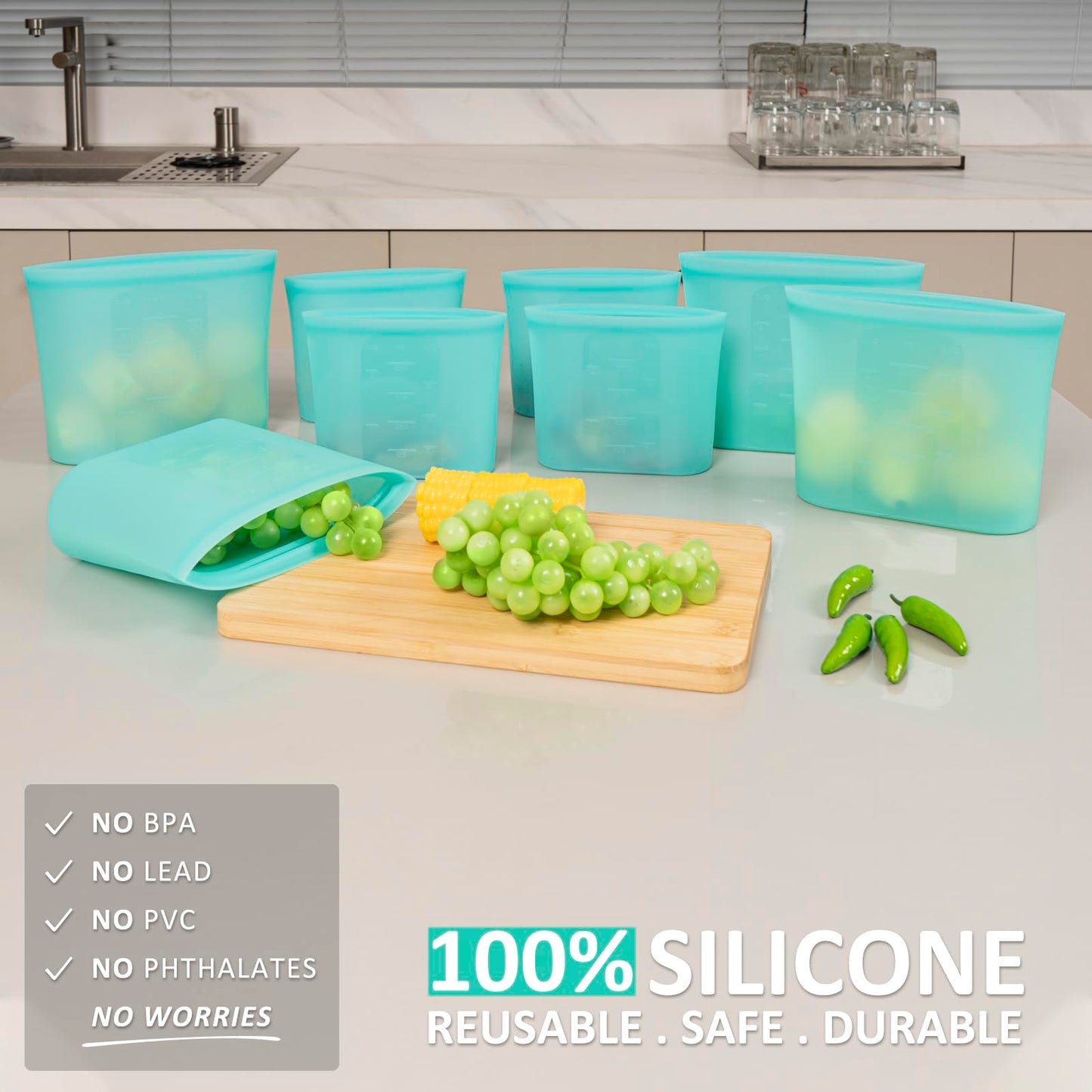 Reusable Food Bags, 12 Pack 100% Silicone Food Storage Bags Stand Up Zip Lock Container, Freezer Microwave Oven Dishwasher Safe, 4 Medium 4 Small 4 Extra Small, Aqua