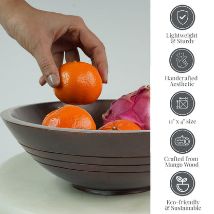 Folkulture Wooden Fruit Bowl for Kitchen Counter | 11" Large Premium Eco Friendly Banana Fruit Basket for Kitchen | Mango Wood Bowl, Black Fruit Bowl for Table Decor, Centerpiece for Dining