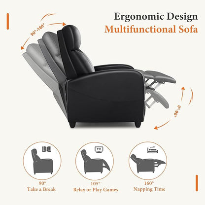Sweetcrispy Recliner Chair PU Leather Recliner Sofa No Massage, Home Theater Seating with Lumbar Support, Adjustable Push Back Overstuffed High-Density Sponge Reclining for Living Room, Black