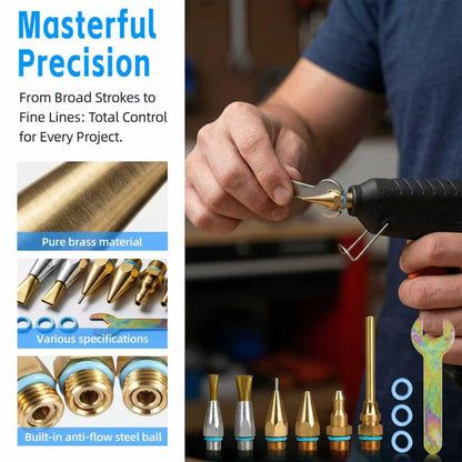 Premium 6-Piece Copper Hot Glue Gun Nozzle Set with Wrench and O-Rings - Includes 2 Flat Nozzles, Interchangeable Heat Gun Attachments for Precision Crafting and DIY Repairs