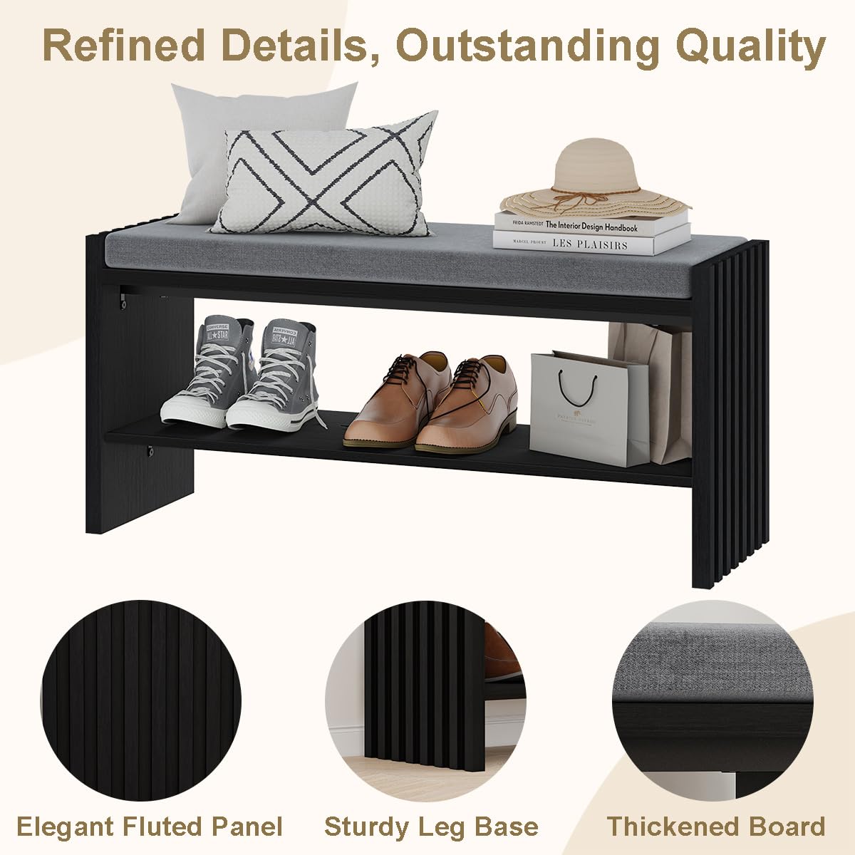 BON AUGURE Modern Coffee Tables for Living Room and Entryway Bench with Shoes Storage for Entry,Wooden Furniture Set for Home, Office (Black Oak)