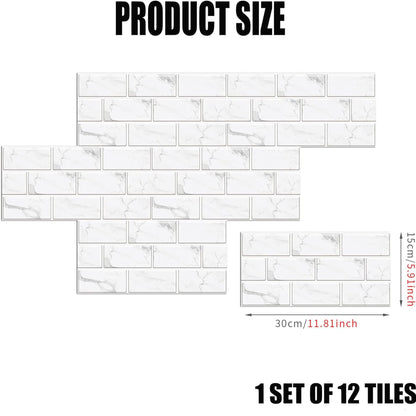 12-Sheet White Peel and Stick Wallpaper, Subway Tile 6''x12'' Self Adhesive Wall Tiles Waterproof PVC Stick on Backsplash Vinyl Decorative Tiles Stickers for Kitchen Bathroom