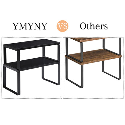 YMYNY Cabinet Shelf Organizer, Spice Racks Set of 4, Kitchen Counter Shelves, Stackable, Wood, Cupboard Organizer for Dishes, Seasoning, Cans, Coffee Mugs, Black, HSR002B-2