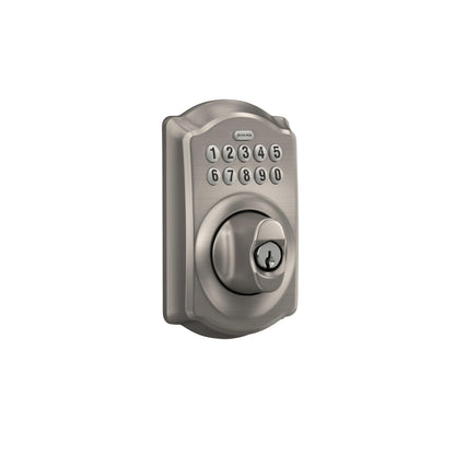 Schlage Camelot Electronic Keypad Deadbolt Lock, Keyless Front Door Entry, Mechanical Key Backup Included, Satin Nickel, BE365 V CAM 619