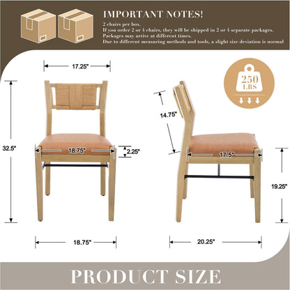 CIMOTA Wooden Dining Chairs Set of 2, Rope Woven Back,Upholstered Dining Room Chairs with Brown Faux Leather 2.25" Padded Seat, Mid-Century Modern Farmhouse Armless Kitchen Side Chairs for Dining Room