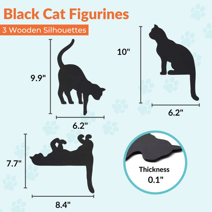 NORTHBYT Black Cat Wall Decor – Set of 3 Wooden Silhouettes for Home Office, Cat Art Decorations Statue Figurines, Cat Things Stuff for Cat Lovers, Women, Kitten Figure for Shelf