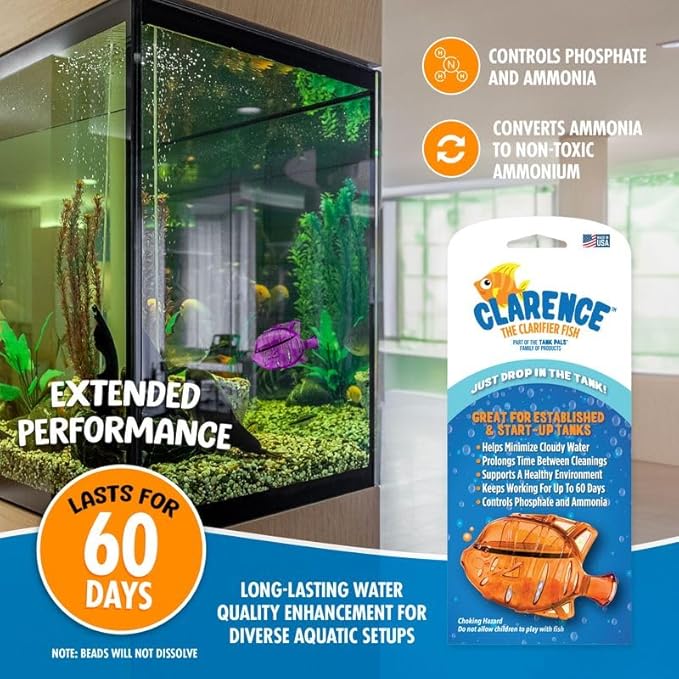 Clarence the Clarifier Fish - 1 pk, Orange - Aquarium Treatment, Clear Cloudy Fresh-Saltwater, Fish-Plant Safe, 10gal Tank Maintenance Each