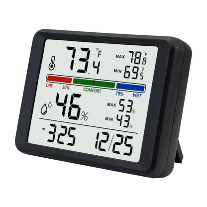 Digital Thermometer Hygrometer, Plumeet Indoor Wall Thermometer with Backlight, Digital Alarm Clock, Date, Air Comfort Indicator, Max Min Record, Desktop Thermometer for Home, Black