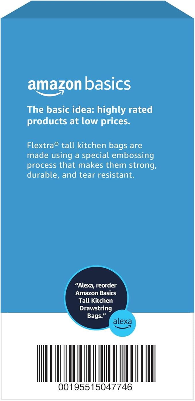 Amazon Basics 13 Gallon Tall Kitchen Drawstring Trash Bags, Flextra Strength