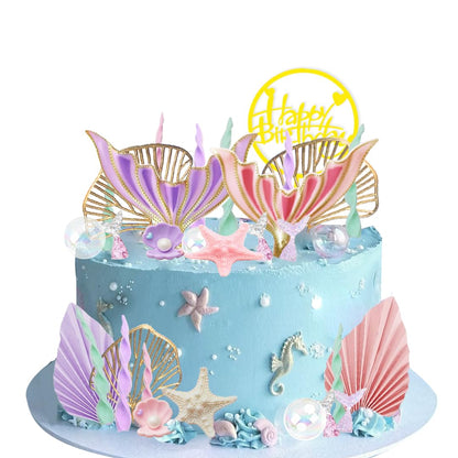 Mermaid Cake Topper Big Mermaid Tails Seaweed Bubbles Shells and Golden Ginkgo Leaves Cake Set for Mermaid Under the sea Cake Decor