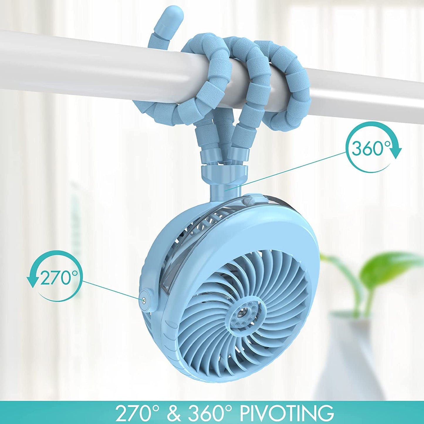 COMLIFE Misting Baby Stroller Fan, Rechargeable Battery Operated, 270° & 360° Pivoting, 50ml Portable Water Sprayer Misting Fan with Flexible Tripod Clip on Car Seat Crib Treadmill Bunk Bed