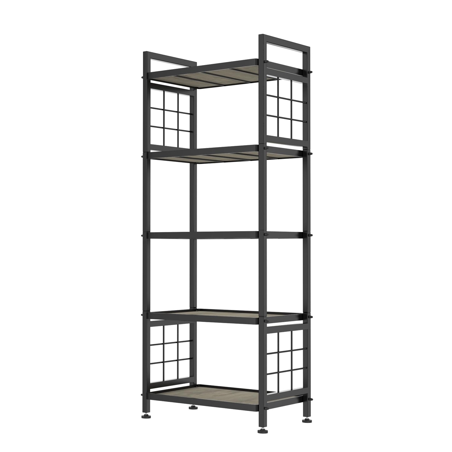 GIOTORENT 5-Tier Pantry Shelves with Wooden Boards, Heavy Duty Storage Shelves & Book Shelf, Adjustable Metal Shelving Unit for Kitchen Bathroom Laundry Organizer, Sturdy Rust-Resistant, Black