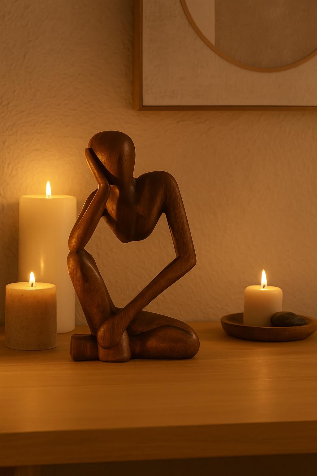G6 Collection 12" Wooden Abstract Thinker Statue, Hand Carved Thinking Man Figurine, Modern Minimalist Sculpture, Handmade Home Decor Accent Gift (Brown)