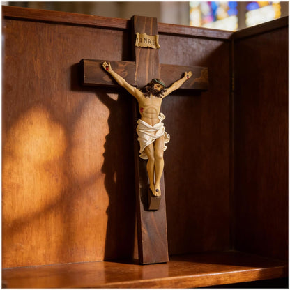 ENNAS Large Wall Crucifix with Resin Jesus Figurine 19 Inch Wooden Cross with Metal Hook Handcrafted Religious Wall Decor for Home, Church, or Prayer Room Christian Catholic Gift