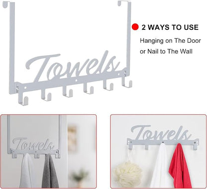 Azmoncy Over The Door Hooks, Towel Rack for Bathroom Towel Holder for Hanging Heavy Duty, Wall Mount Towel Hanger with 6 Hooks for Bedroom Bathroom Kitchen Towels, Bag, Coats, Hats - Silver