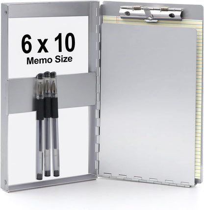 Small Aluminum Clipboard with Storage (Memo Size), 6 x 10.2 Inches, Recycled Metal Snapak Form Holder Binder with Inside Serrated Clip Posse Box, Perfect for Truck Driver, Fits Half Letter Size Paper