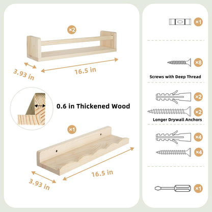 storenization Floating Book Shelves for Wall, 16.5" Natural Wood Nursery Shelves for Book Storage, Solid Pine Wooden Floating Wall Bookshelf for Bedroom Living Room, Set of 2+1, Unfurnished - DIY
