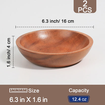 MeowAroma Acacia Wood Serving Bowls, 6 Inch Handcrafted Wooden Individual Bowls Set of 2 for Food/Soup/Salad/Pasta, Use as Snack Holder Plate for Kitchen and Dining