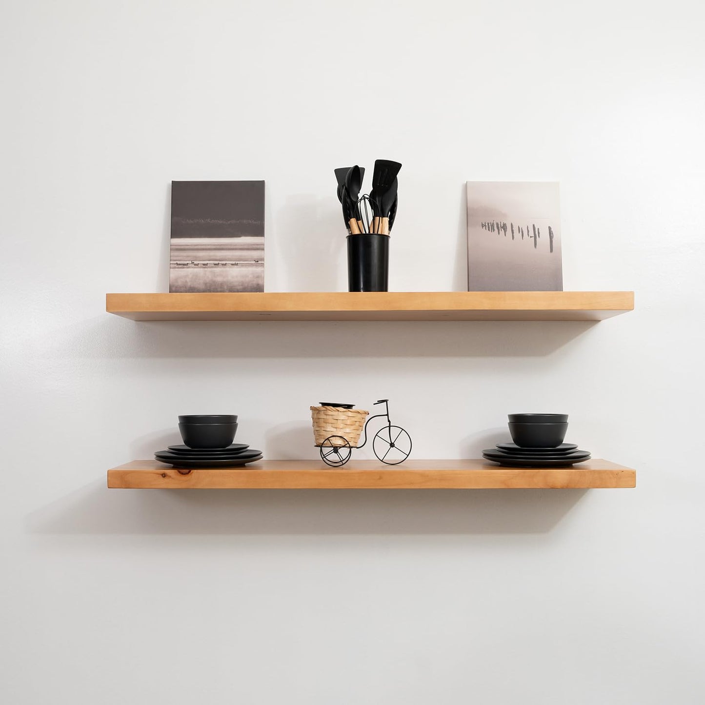 URBANDI, Rustic Floating Shelves, Set of 2, Hidden Bracket, Solid Wood, Heavy Duty, Wall Mounted Shelves, (Brown, 36Wx12D)