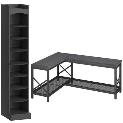 YATINEY 9-Tier Tall Shoe Rack and L-Shaped Shoe Bench with Cushion, 59.1" Entryway Shoe Storage Bench SS02BK-HX12BG