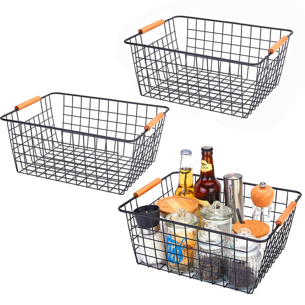 LeleCAT Large black wire baskets with Wooden Handles for storage pantry, Storage Organizer Baskets, Household Refrigerator for Cabinets, Closets, Bedrooms, kitchen - Set of 3 Black