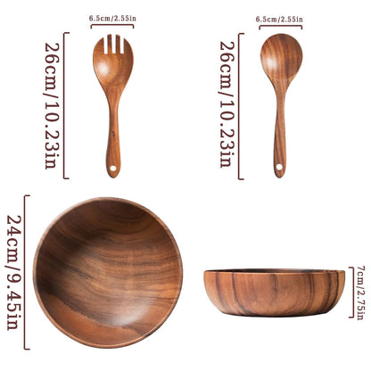 YXE Wooden Salad Bowl Set, 9.45 inch*2.75 inch Acacia Wood Large Salad Serving Bowl with Salad Spoon and fork for Mixing Fruits Cereal Pasta Salad,Pasta-(3 Piece Large Salad Bowl Set) (1, 9.45in)