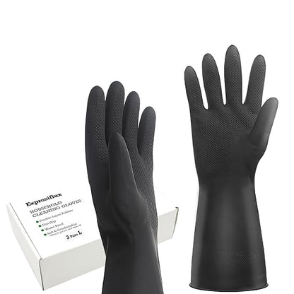 Heavy-Duty Thick Black Rubber Cleaning Gloves, 3 Pairs, L | Reusable & waterproof black/orange dual layers. Non-slip design for dishwashing, kitchen cleaning, and auto care.
