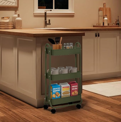 SunnyPoint Slim Rolling Storage Cart, 3 Tier Bathroom Storage Organizer Bathroom, Laundry Utility Cart (Army)