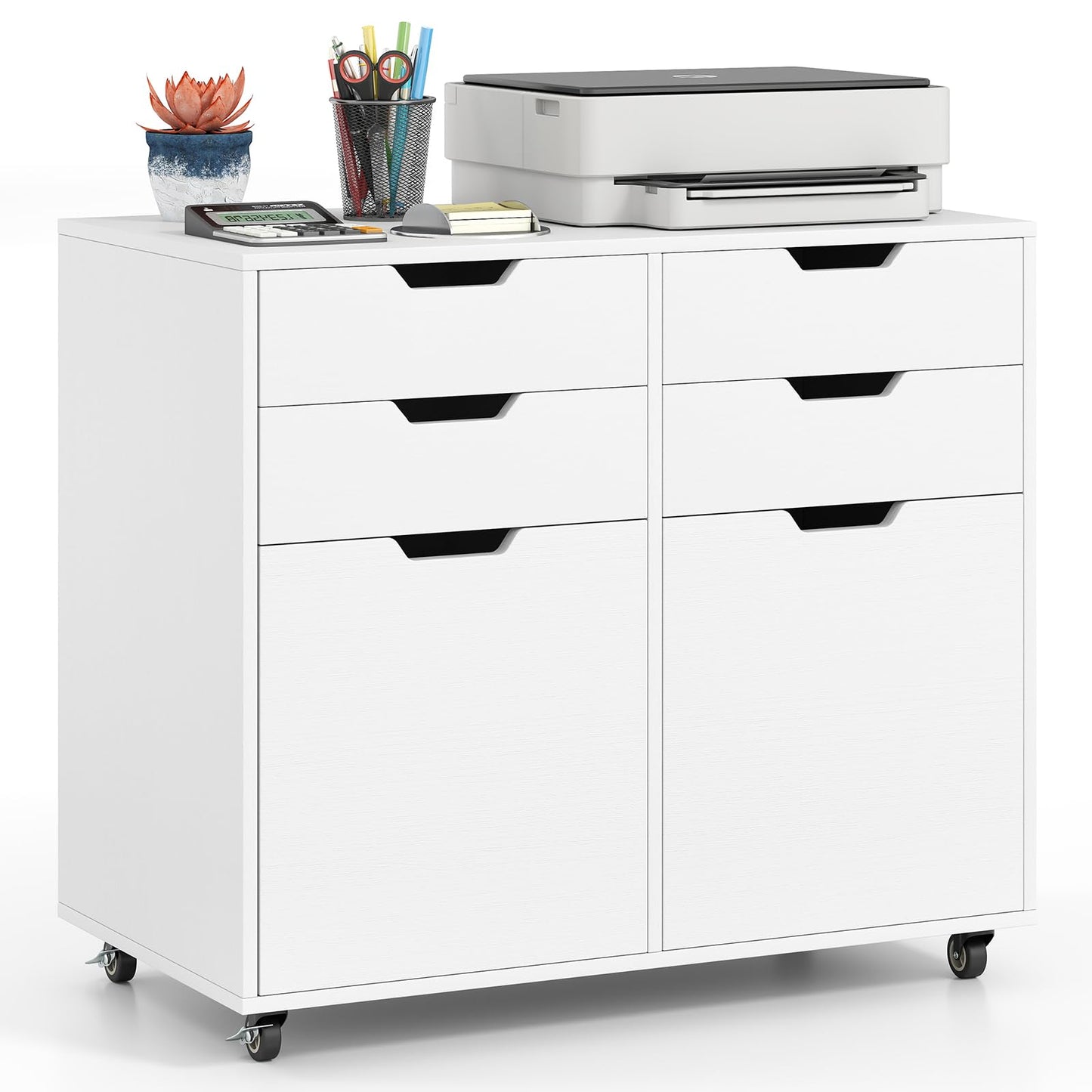 Giantex 4-Drawer File Cabinet, Rolling Printer Stand with 2 Lockable Wheels, Wooden Lateral Filing Cabinet, Load 298 Lbs, Under Desk Craft Storage Organizer for Home Office Organization (White)