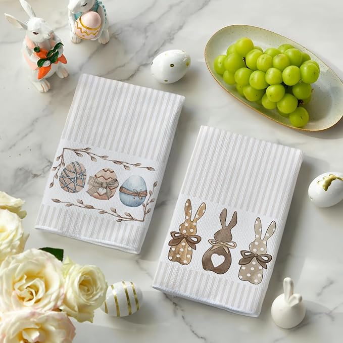 Artoid Mode Stripe Rabbit Bunny Eggs Easter Kitchen Towels Dish Towels