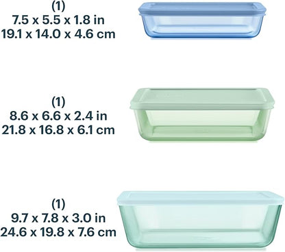 Pyrex Colors Tinted Glass Rectangle Food Storage Container Set, Snug Fit