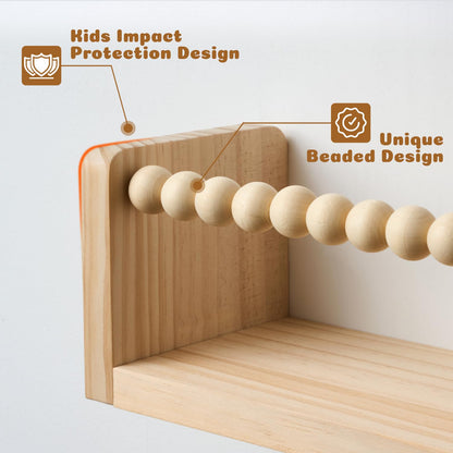HiMummy 32 Inch Floating Shelf with Wooden Bead Design - Solid Pine Wall Mounted Bookshelf, Child-Safe Nursery Storage for Kids Room Decor, Set of 3(Pre-Strung Bead Strings)
