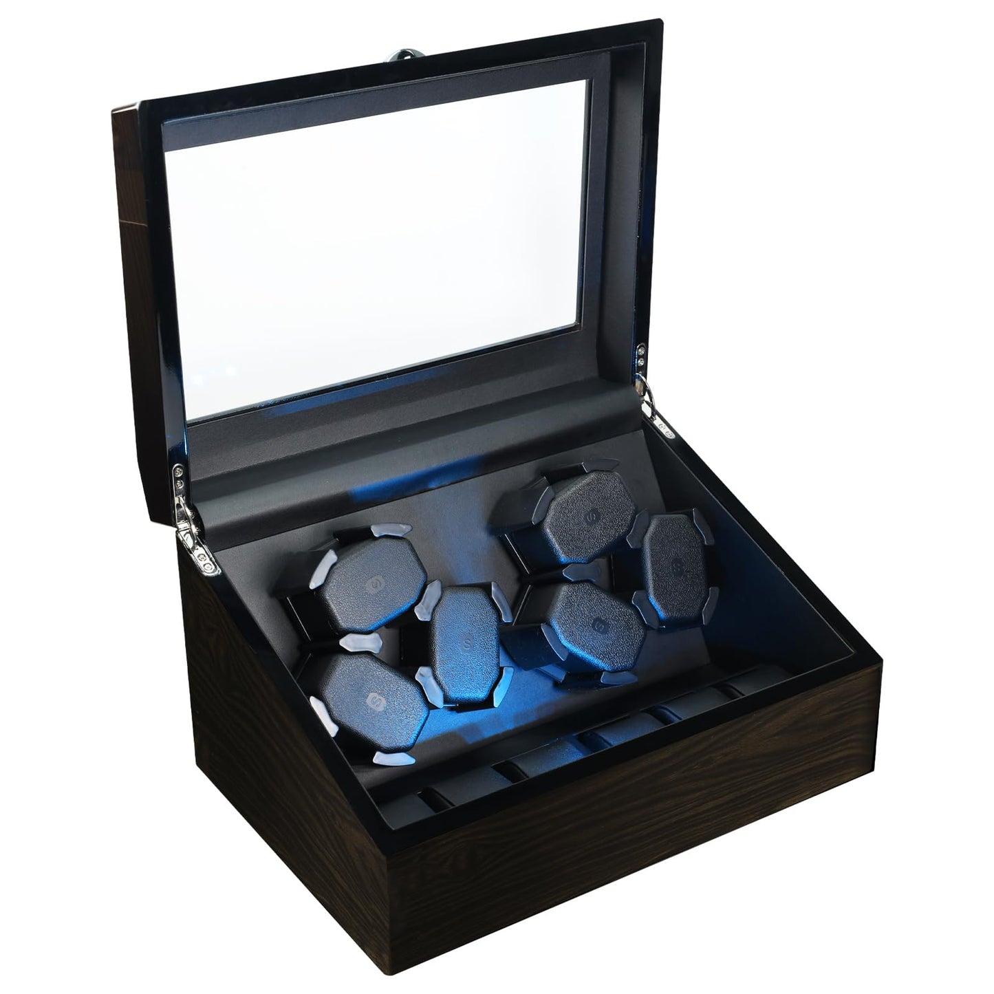 JuviPerpric Watch Winder for Automatic Watches, 6 Automatic Watches with 6 Storages, Blue Backlight and Foam Pad, 4 Rotation Modes Rotating Watch Box (Wood)
