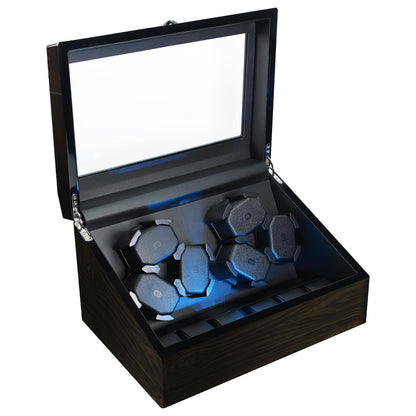 JuviPerpric Watch Winder for Automatic Watches, 6 Automatic Watches with 6 Storages, Blue Backlight and Foam Pad, 4 Rotation Modes Rotating Watch Box (Wood)