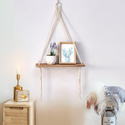 DD-life 2 Pcs Macrame Rope Triangle Shelf Wooden Wall Hanging Shelves Macrame Hanging Shelf Farmhouse Rustic Modern Plant Aesthetic for Room Nursery Bathroom Living Room College Dorm Room